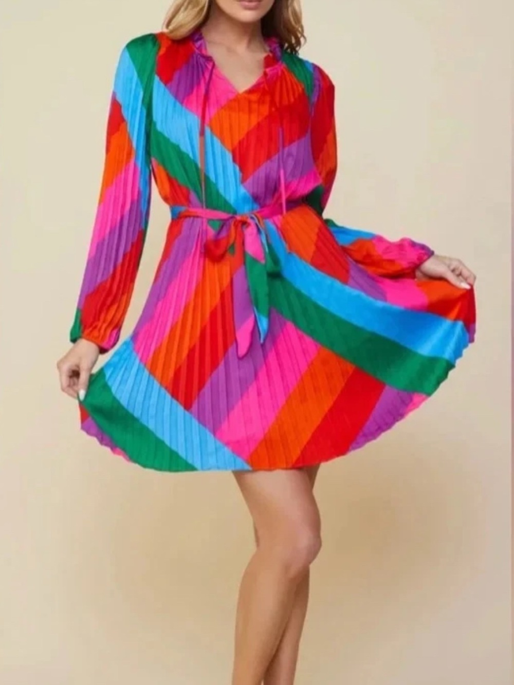 SKIES ARE BLUE Pleated Rainbow Stripe Belted Long Sleeve Mini Dress XS New